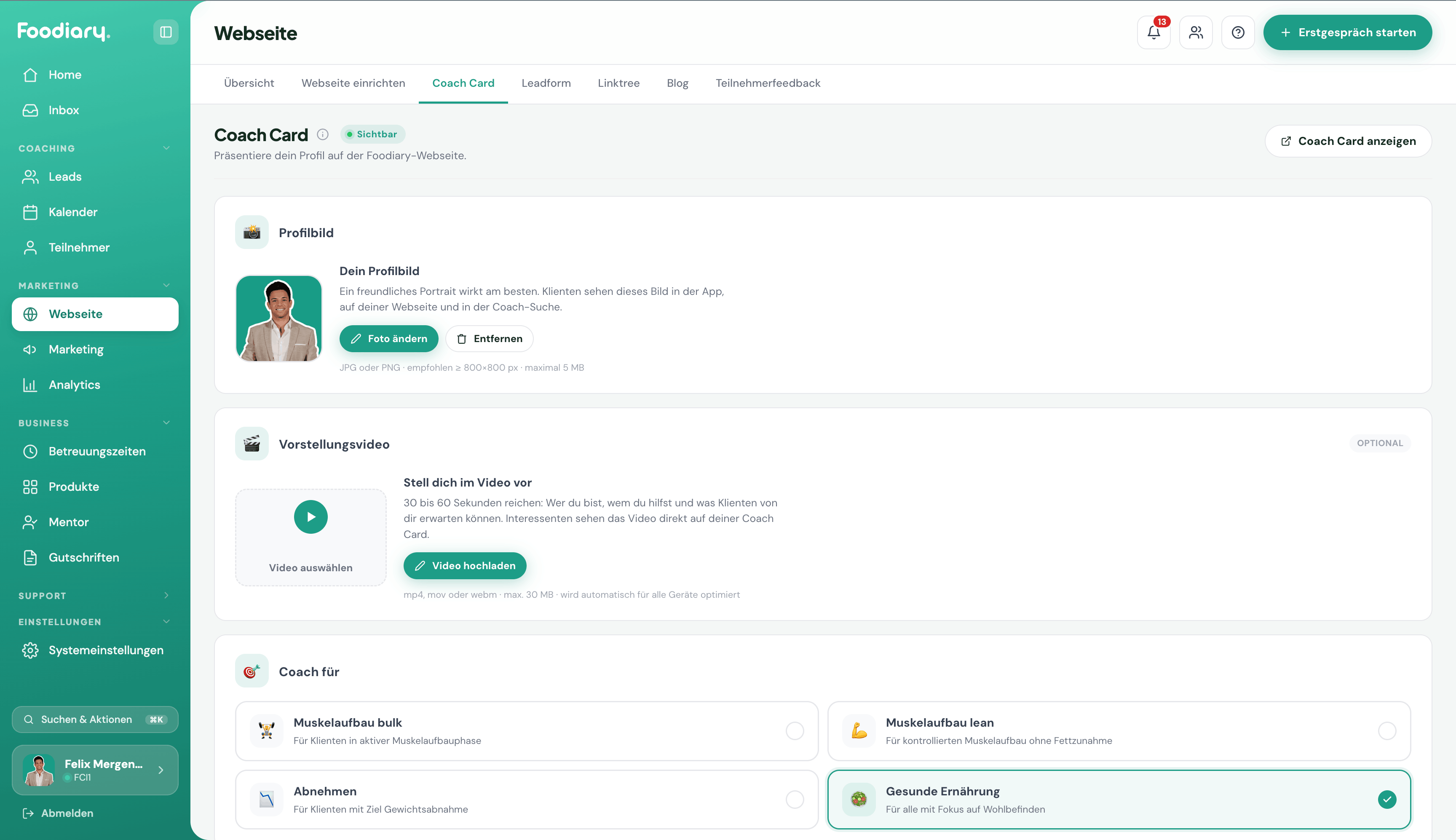 Coach Card auf der Webseite